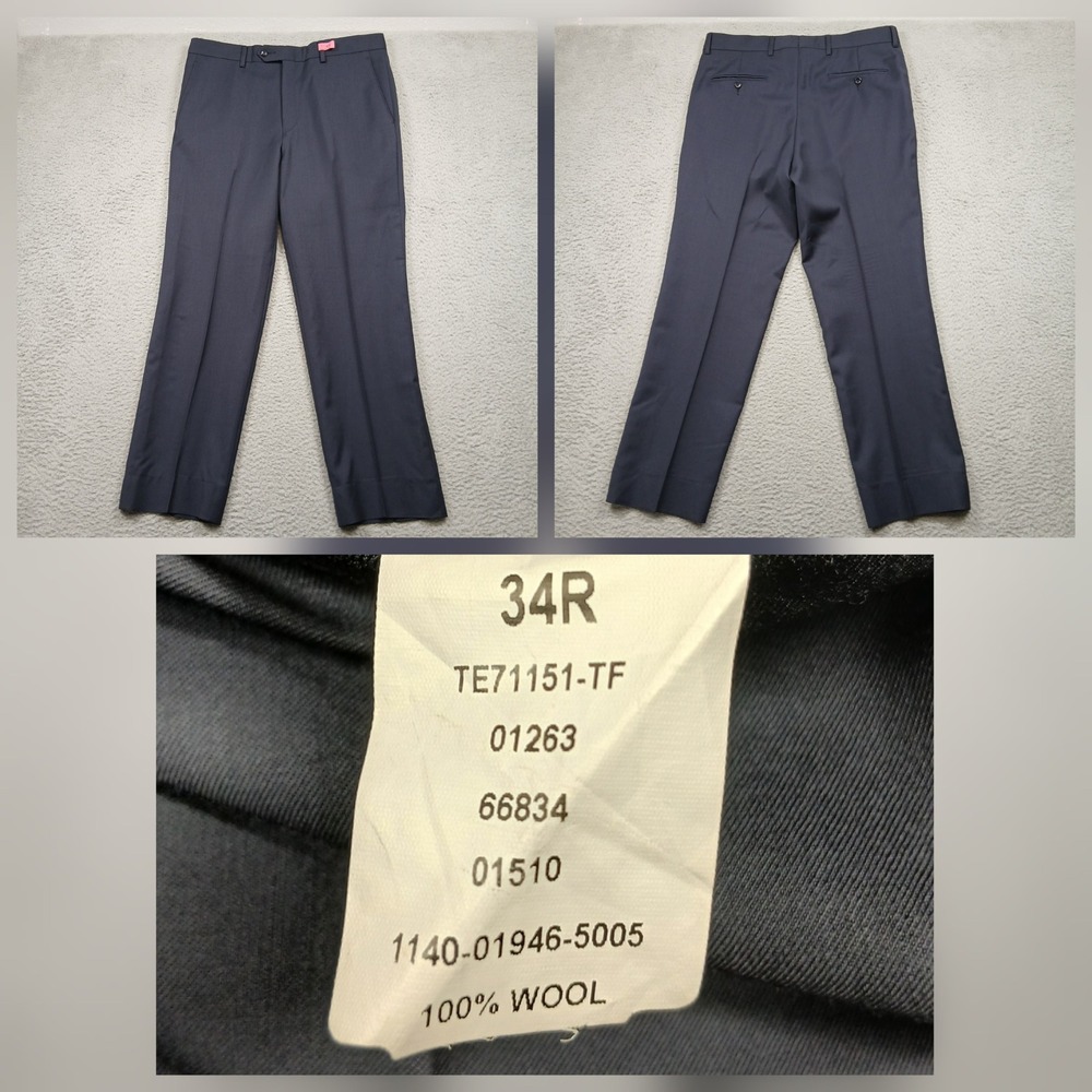 100% Wool Dress Pants Men's 34R Navy Blue Flat Front Suit Pants